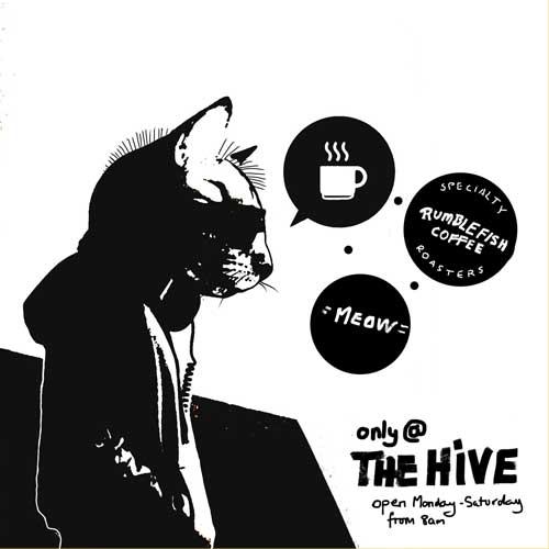 Facebook advertising, coffee, cat, the hive, cafe style, graphic art illustration, online advert, 