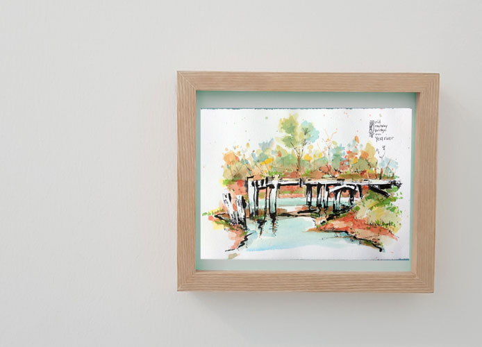 blonde picture frame, beige wall, plein air original art, watercolour art for sale,  