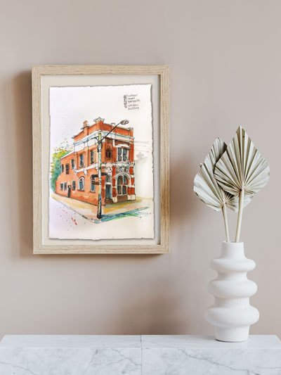 painting on wall,  beige, white vase, watercolour, old heritage building, 