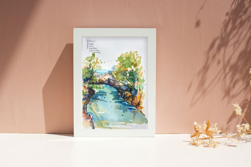 yea river watercolour, plein air drawing, hand painted, white shadow box picture frame, 