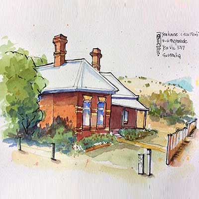 heritage house yea, red brick renovation, yea victoria, art for sale, plein air hand painted watercolour pen ink, 
